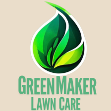 Green Tear Drop with blades of grass as outline and the words GreenMaker Lawn Care underneath